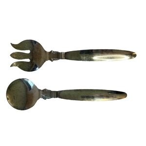 VINTAGE SILVER ON COPPER 12 1/2" SALAD SERVING FORK & SPOON w BEADED LEAF HANDLE